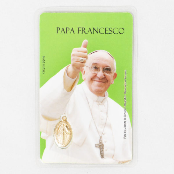 Santino plastificato con immagine Papa Francesco e medaglia della Miracolosa