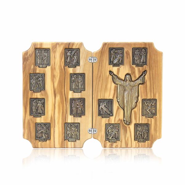Dittico Via Crucis Ulivo con placche rettangolare bronzo e Cristo Redentore bronzo