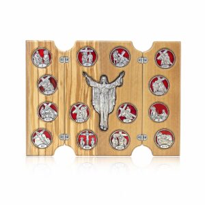 Trittico Via Crucis Ulivo placche tonde smaltato rosso